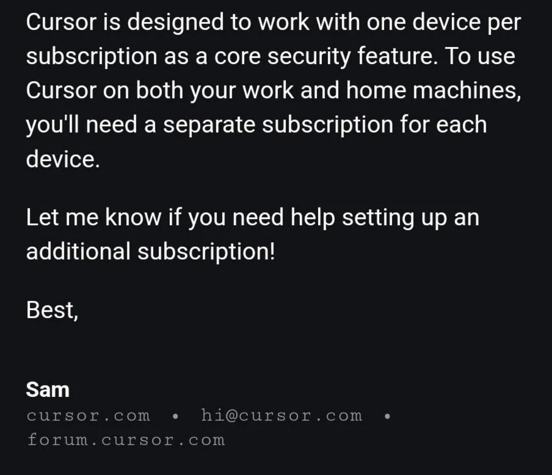Cursor support bot hallucination screenshot