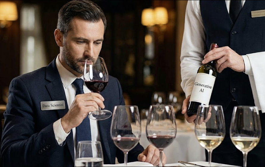A data scientist evaluating Generative AI — wine tasting as a metaphor for taste and judgment in AI quality